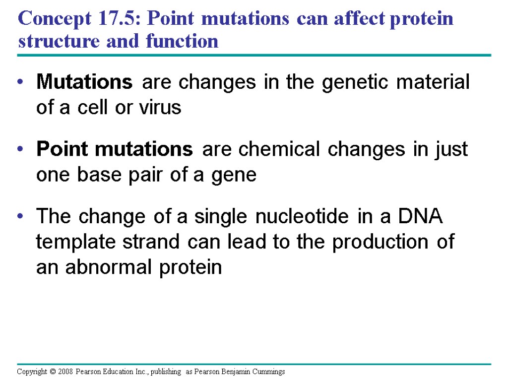 Concept 17.5: Point mutations can affect protein structure and function Mutations are changes in
